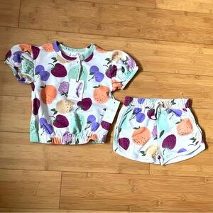NWT Girls Size 2T Soft Knit Fruit Outfit - Top Shirt & Pull On Shorts